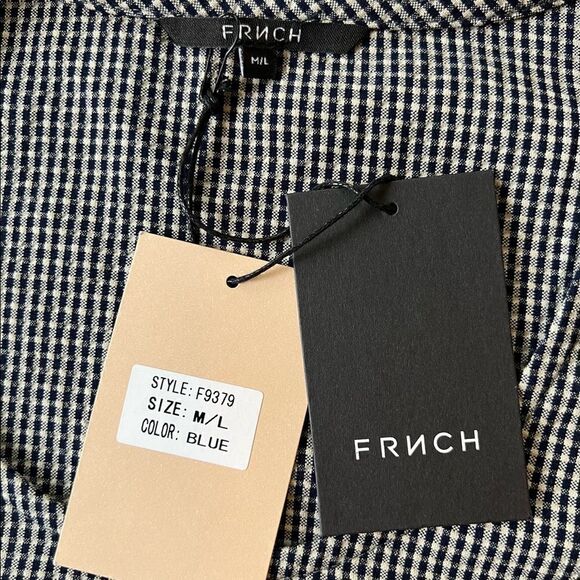 NWT! FRNCH Paris Blue White Gingham Check Long Tie Sleeve Blouse M/L - Picture 6 of 11